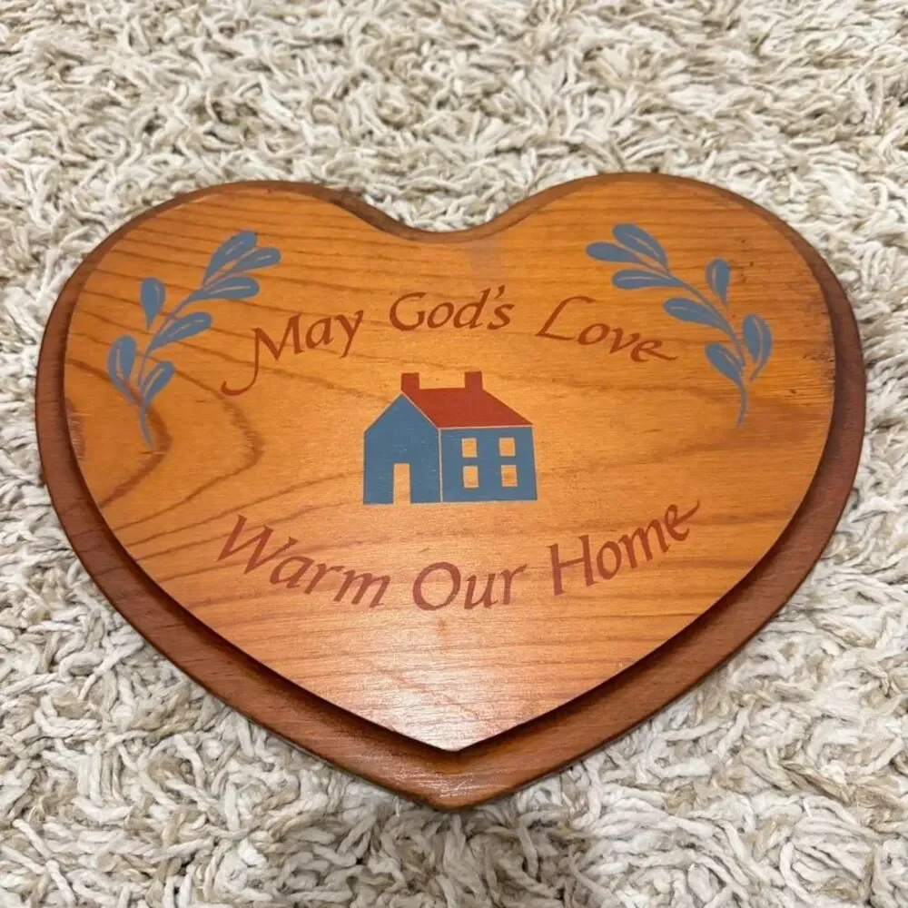 Vintage Wooden Heart Wall Plaque Decor May Gods Love Warm Our Home